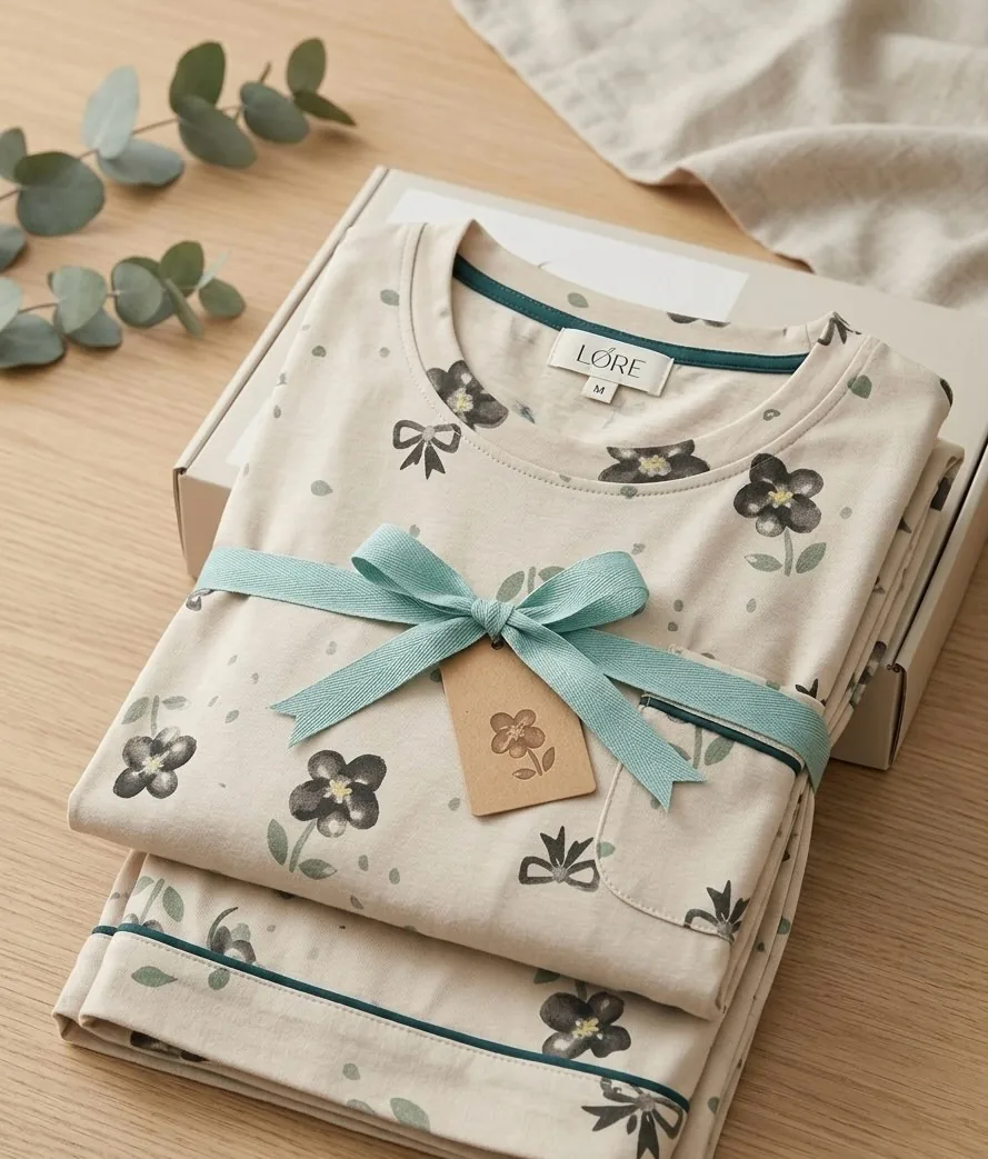 Ribbon-Wrapped Print Pajama Set supporting view