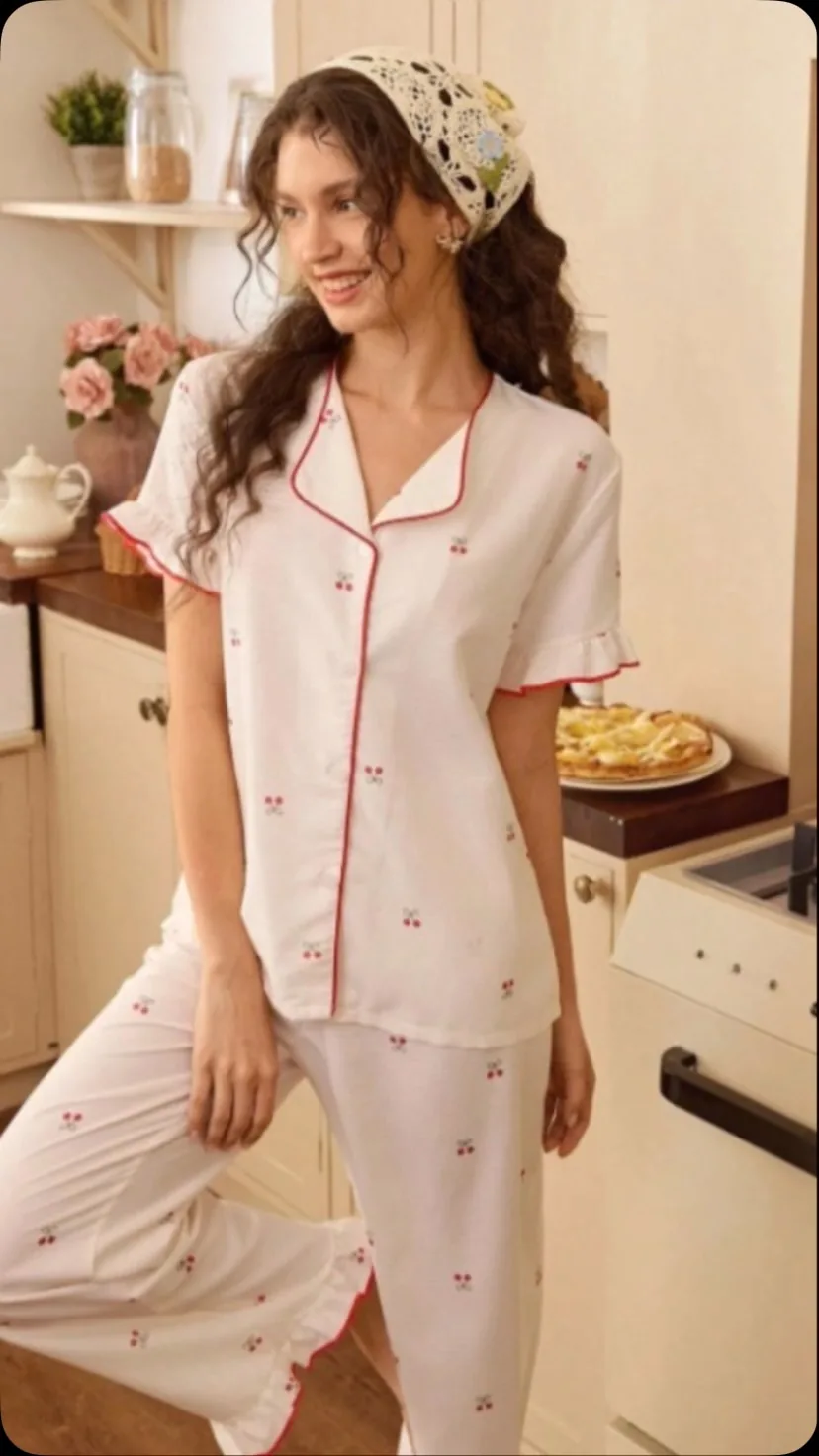 Rose Piping Short-Sleeve Pajama Set supporting view