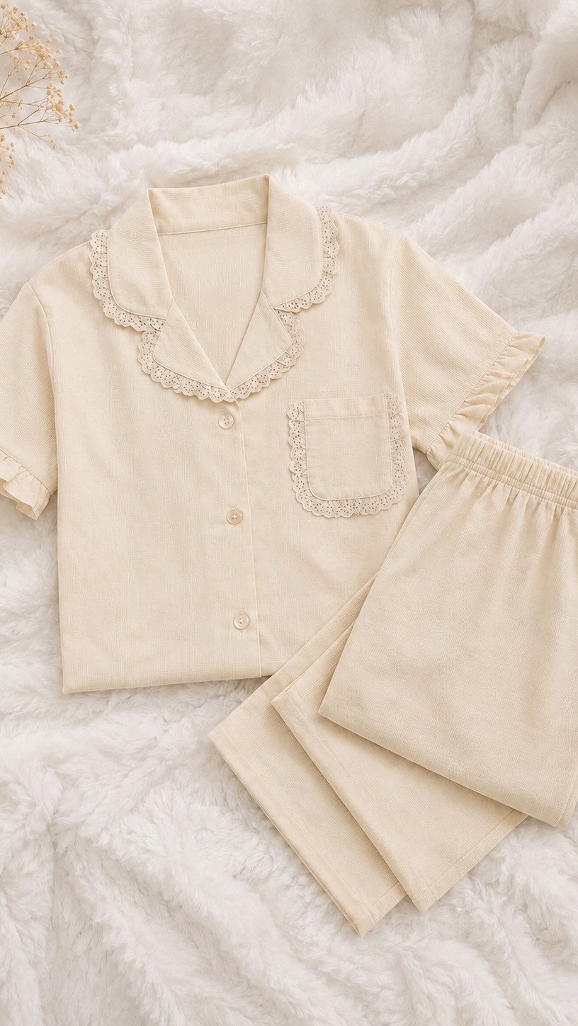 Ivory Scallop Short-Sleeve Pajama Set