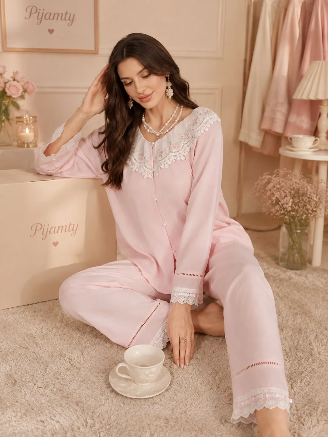 Blush Pearl Lace Pajama Set product view