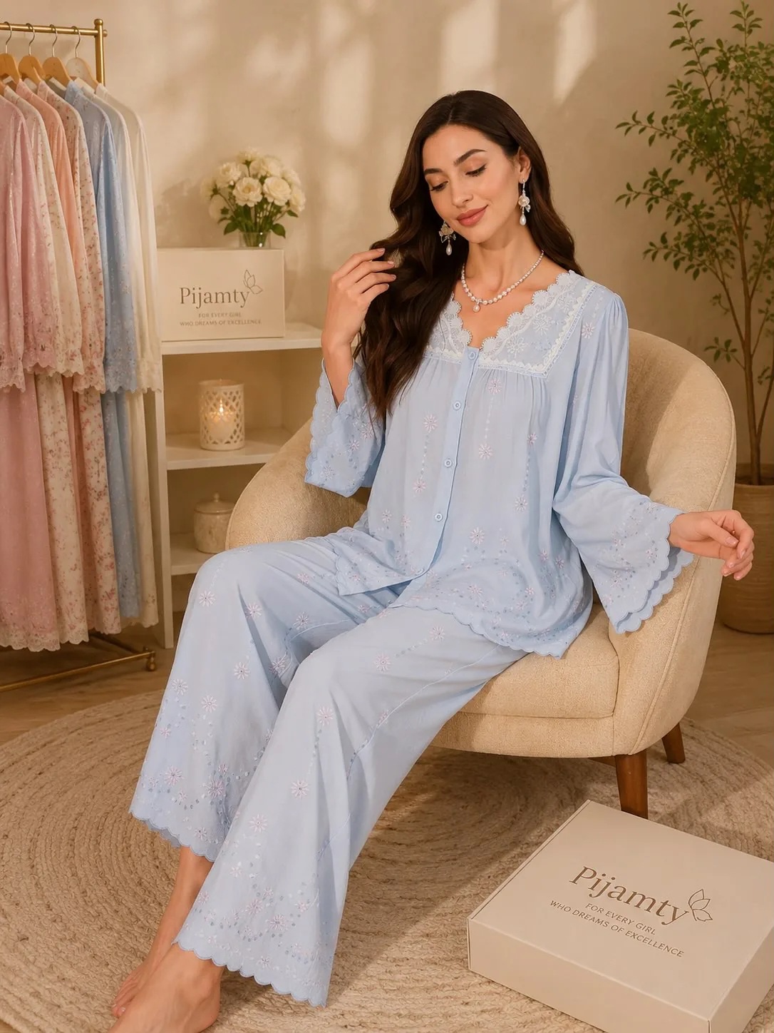 Sky Lace Floral Pajama Set detail view