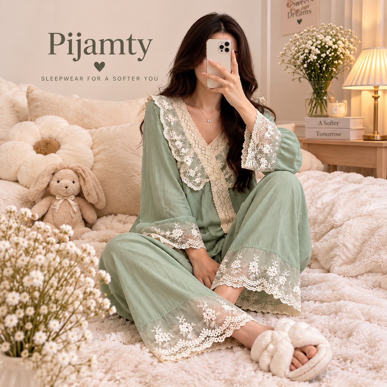 Sage Green Lace Pajama Set