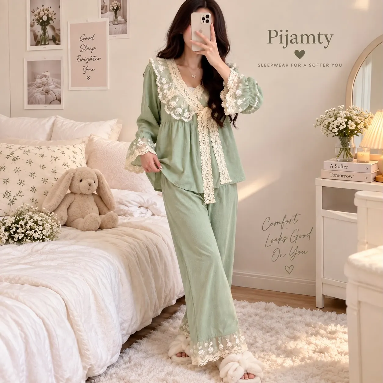 Sage Green Lace Pajama Set design detail