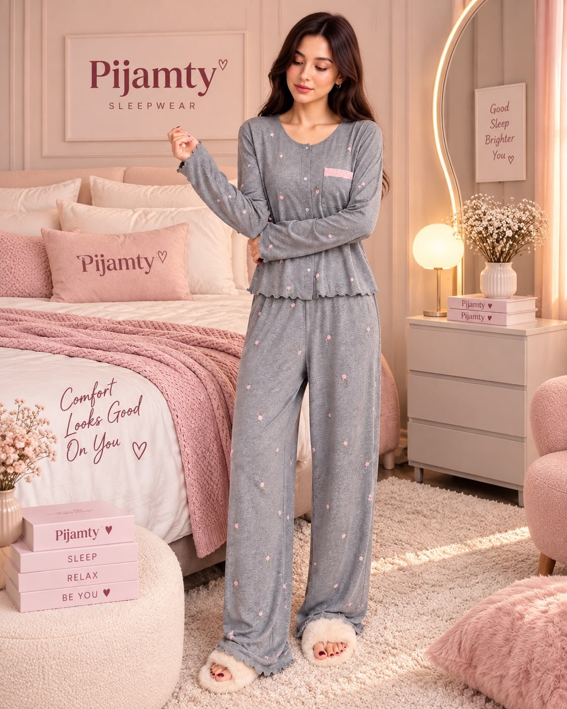 Grey Rosebud Pajama Set
