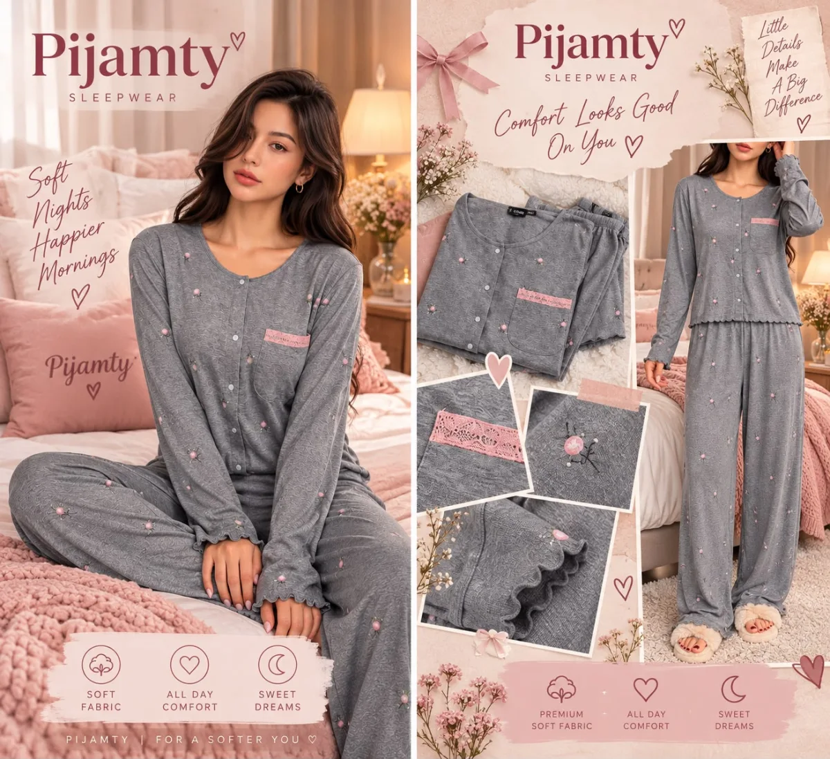 Pijamty grey rosebud pajama collage showing the matching set, pink pocket trim and garment details