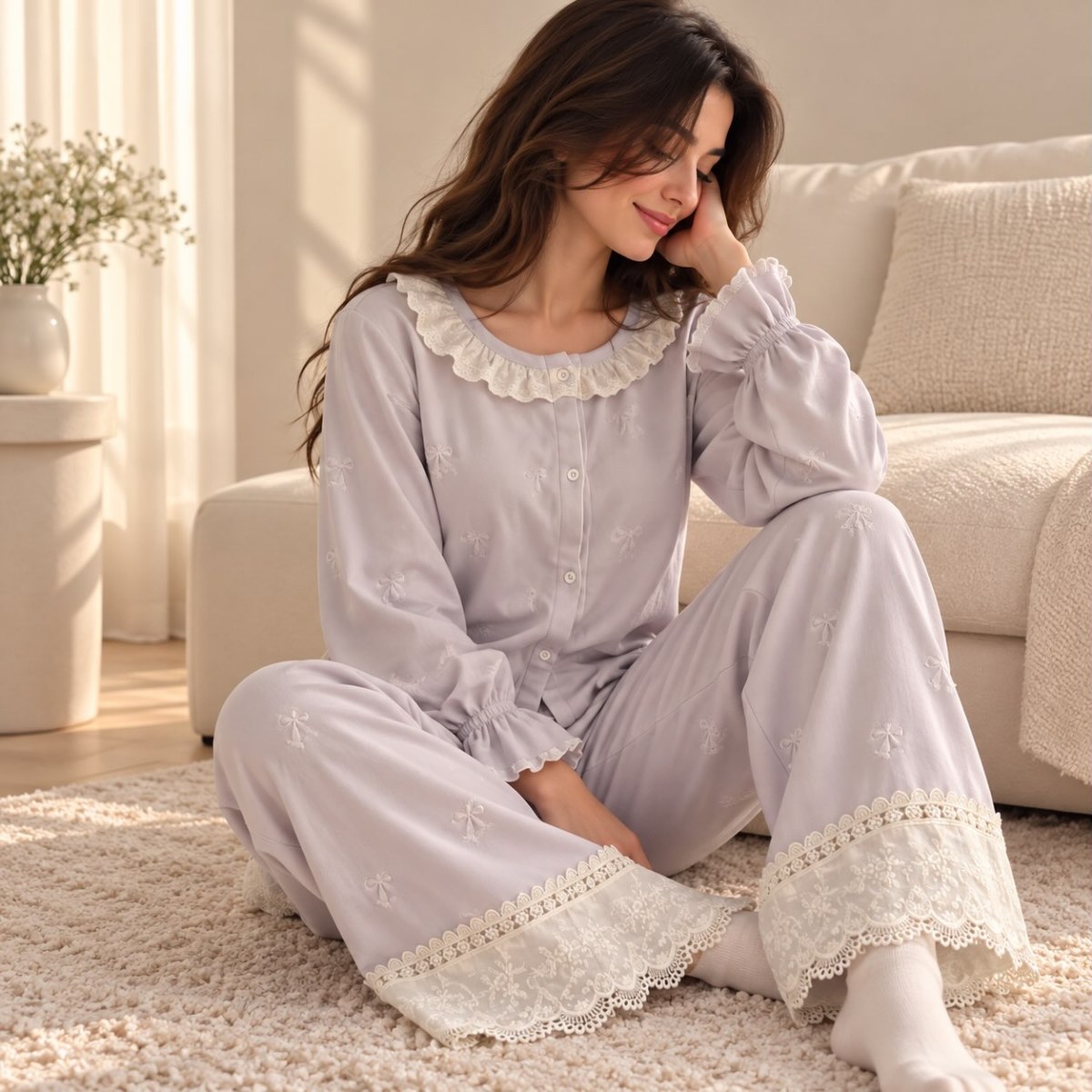 Lilac Ivory Lace Pajama Set