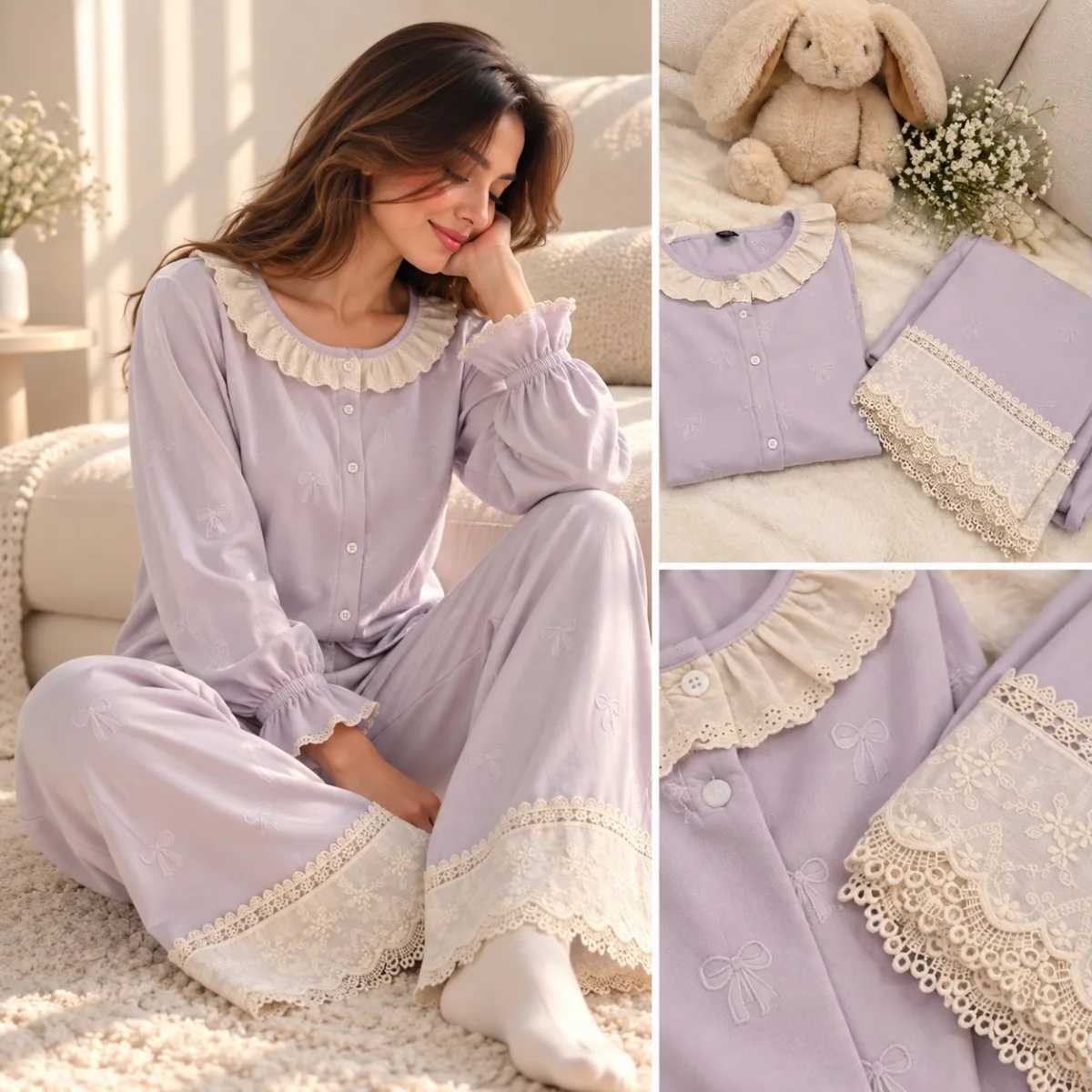Lilac pajama set presentation with close-up views of the neckline and lace trouser hems