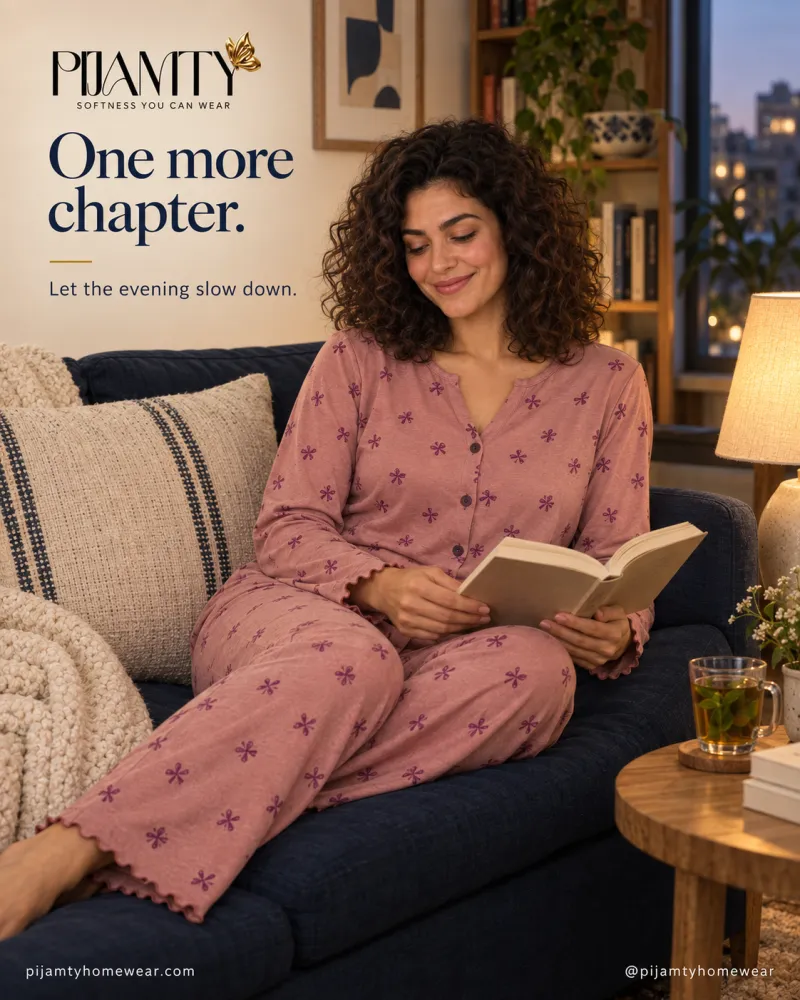 Pijamty evening campaign: a woman reading in rose-coloured pajamas on a navy sofa